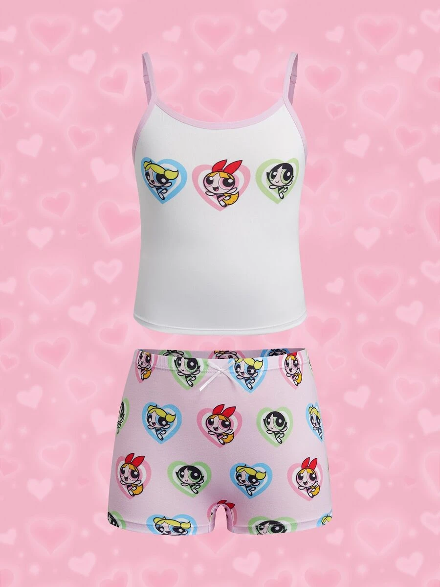THE POWERPUFF GIRLS X SHEIN Tween Girl Cartoon Print Camisole And Hipster Panty Casual Daily Underwear Set - Pink - View 1