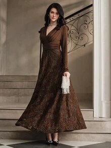 Anewsta Women's Elegant V-Neck Sequin Lace Maxi Dress - Brown - View 1
