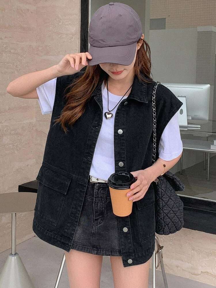 DAZY Women's Single-Breasted Casual Daily Denim Jacket - Black - View 3