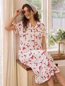 Tulorae Summer Short Sleeve Button-Front Dress Cherry Print Ruffle Hem Women's Nightgown - Apricot - View 1