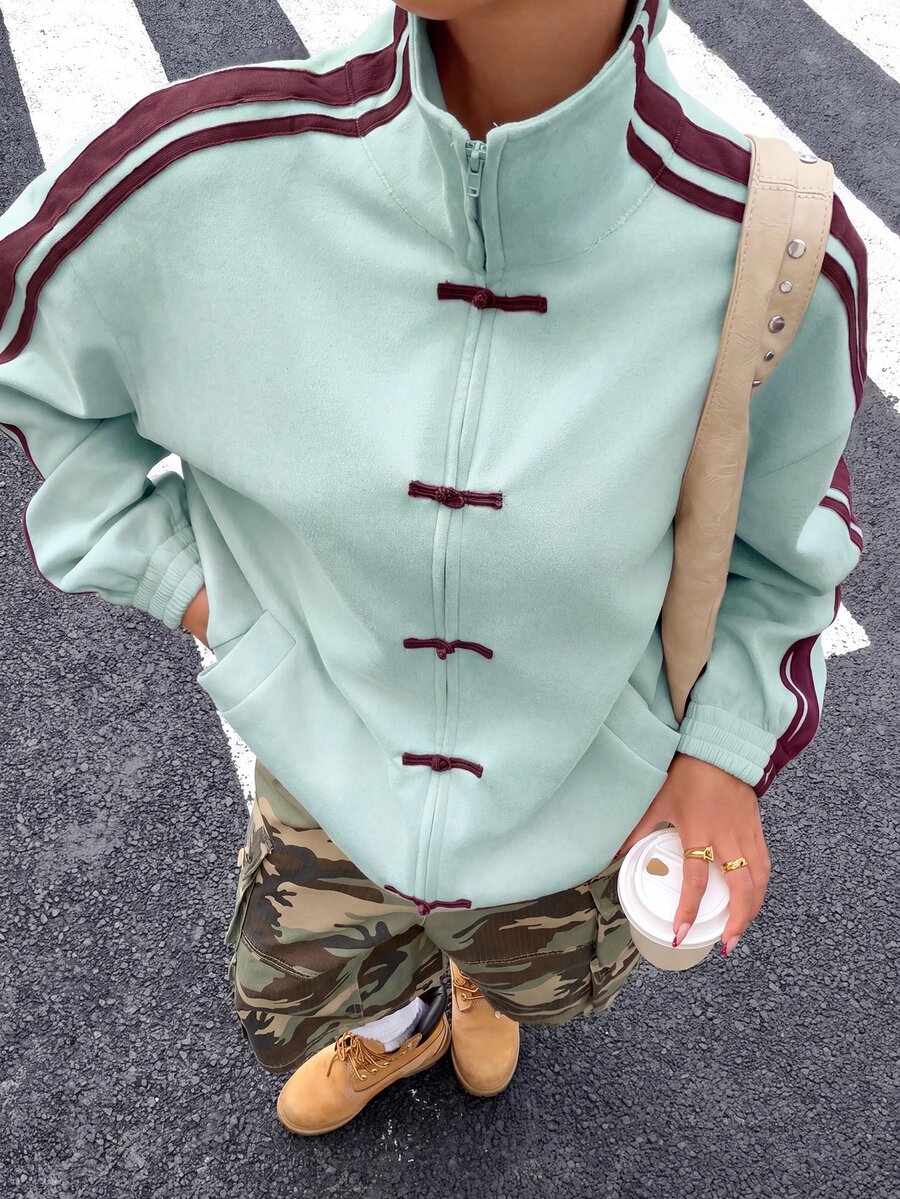 Muchica Women's Striped Contrast Color Frog Button Suede Knit Lightweight Jacket - Mint Green - View 1