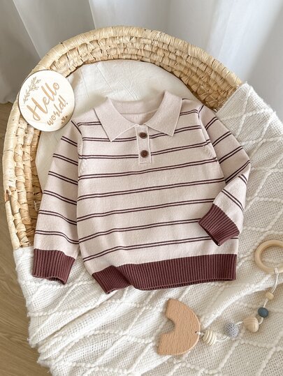 SHEIN Baby Boys Khaki Brown Striped Collar Knit Sweater, Long Sleeve Color Block Pullover, Soft Fall Winter, Toddler Christmas Halloween Daily Outdoor Wear