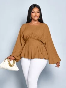 SOLERSUN Women's Plus Size Fashion Solid Color Loose Casual Outing Deep Pleated Bat Sleeve Long Sleeved Shirt Loose Casual Shirt Tops,Crop Tie Back Blouse Women's Solid Color Round Neck Belted Long Sleeve Blouse Autumn/Winter Women Clothes - Khaki - View 3