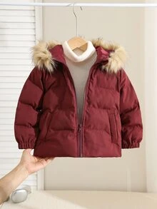 SHEIN Young Boy Plush Patchwork Solid Color Zipper Casual Versatile Winter Padded Coat - Burgundy - View 1