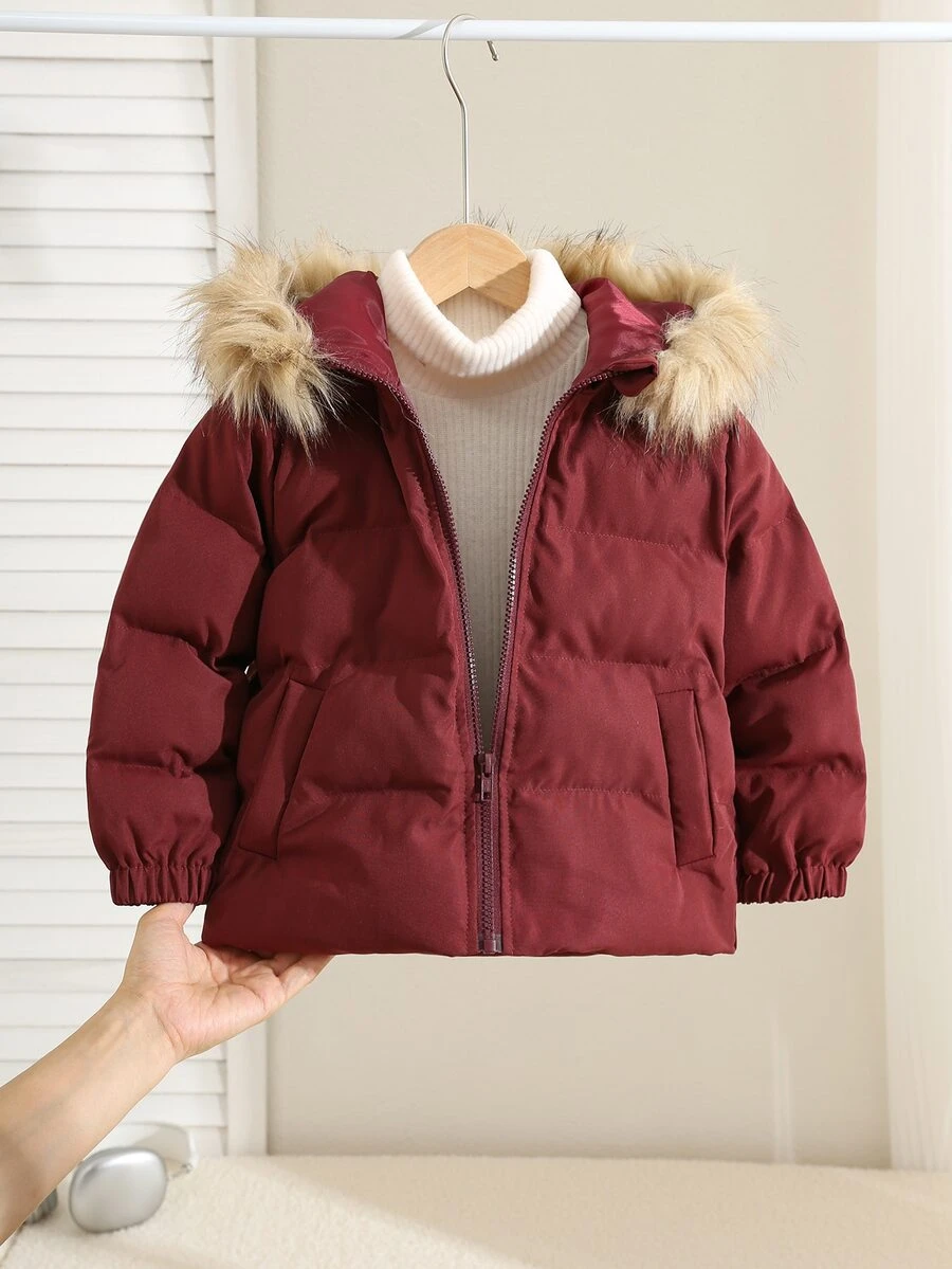 SHEIN Young Boy Plush Patchwork Solid Color Zipper Casual Versatile Winter Padded Coat - Burgundy - View 1