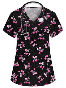 PopScrub Black V-Neck Short Sleeve Double Pocket Cute Heart Cherry Bow Cartoon Print Design Nurse, Lab, Doctor Work Uniform, Multi-Pocket Functional Holiday Top For Women - Black - View 1