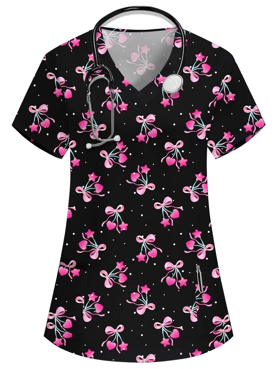 PopScrub Black V-Neck Short Sleeve Double Pocket Cute Heart Cherry Bow Cartoon Print Design Nurse, Lab, Doctor Work Uniform, Multi-Pocket Functional Holiday Top For Women - Black - View 1