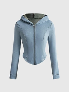 ROMWE Street Life Washed Waist-Cinching Hooded Turquoise Green Casual Commute Knit Sweatshirt For Women - Green - View 1