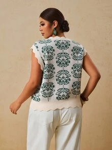 Travachic Atasan Rajut Wanita Ukuran Besar Motif Bunga Kasual Tradisional Serbaguna untuk Pakaian Sehari-hari Musim Panas Formal Liburan Warna Krem - MultiWarna - View 2