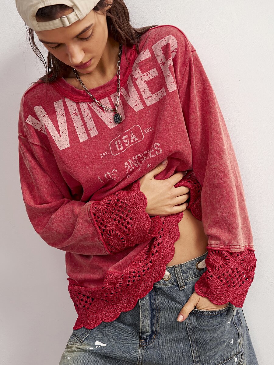 Bohemela Casual Solid Color Knit Loose Fit Women's Sweatshirt - Red - View 1