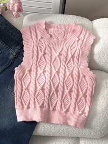 SHEIN 少女秋冬休閒優雅紋理提花綴珠無袖針織背心，適合秋季出遊，可搭配白襯衫，開學季與日常穿著皆宜 - 粉色 - 查看 2