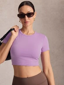 Activina Solid Color Backless Cropped Sports T-Shirt - Mauve Purple - View 4