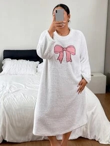 Napfluff CURVE Napfluff CURVE Bow Embroidered Soft Plush Plus Size Nightgown - White - View 4