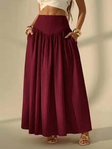 SHEIN Tall Women's Solid Color Pleated Casual Versatile Daily Wear Skirt - Burgundy - View 7