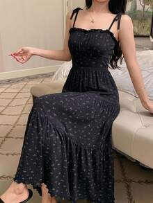 DAZY 度假風碎花細肩帶洋裝 夏季女款睡裙 - 黑色 - 查看 4