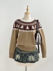 Elamini Sweater Wanita Kerah Bulat Jacquard Motif Pohon Natal Fair Isle Bergaya Vintage - MultiWarna - View 7