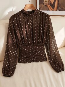 SHEIN Clasi 女款波點百褶休閒百搭日常穿著上衣 波點上衣 棕色上衣 - 棕色 - 查看 3