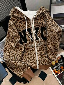 Resyla 女款豹紋與字母圖案抽繩連帽休閒日常長袖運動衫 - 彩色 - 查看 1