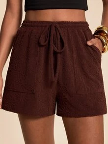 Travachic Women's Solid Color Drawstring Waist Casual Versatile Daily Shorts - Coffee Brown - View 6
