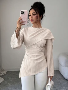 Elenzga 深棕色女款抓皺裹身式上衣，不對稱下擺與超長喇叭袖設計，適合通勤、購物與約會的休閒上衣 - 米色 - 查看 5