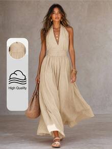 Solivie Women's Solid Color Pleated Casual Party Summer Dress - Apricot - View 1