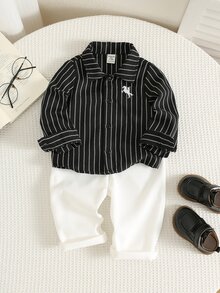 SHEIN 男嬰馬匹圖案翻領長袖鈕扣襯衫與鬆緊腰長褲 2件套 - 彩色 - 查看 1