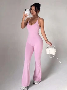 SHEIN Core Rhythm Women's Solid Color Waist-Cinching Butt-Lifting Fitness Workout Jumpsuit - Baby Pink - View 5