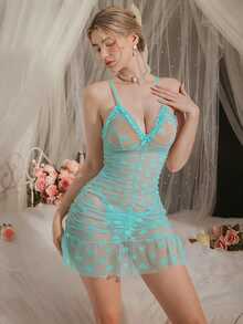 DelicateAllure 2pcs Mesh Patchwork Ruffle Hem Sheer Heart Jacquard Deep V Ruched Hip-Flattering Sexy Innocent Women's Nightgown + Thong - Blue - View 2