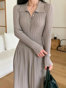 DAZY Women's Elegant Button Half-Placket Waist-Cinching Sweater Dress - Khaki - View 8