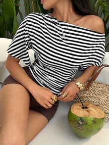 Aloruh Asymmetrical Shoulder Loose Top With Ruched Waist, Simple Basic Striped T-Shirt - Black and White - View 3