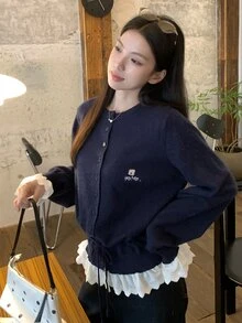 DAZY Women's Single-Breasted Casual Versatile Daily Long Sleeve Sweater Fall - Navy Blue - View 5