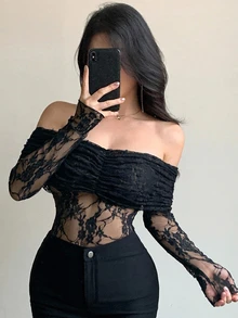 DAZY Women's Brown Long Sleeve T-Shirt Top, Summer Autumn Spring, Fashion Party Wedding Banquet, Floral Print Mesh Flocked Dark Background Pattern, Off-Shoulder Spaghetti Strap, Patchwork Tie-Up Drawstring Design, Twisted Knot, Back To School - Black - View 1