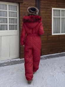 Muchica 白色人造毛帽加厚女款連身褲，適合秋冬雪地玩樂 - 酒紅色 - 查看 2