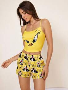 LOONEY TUNES X SHEIN 女款細肩帶上衣與短褲睡衣套裝 - 黃色 - 查看 4