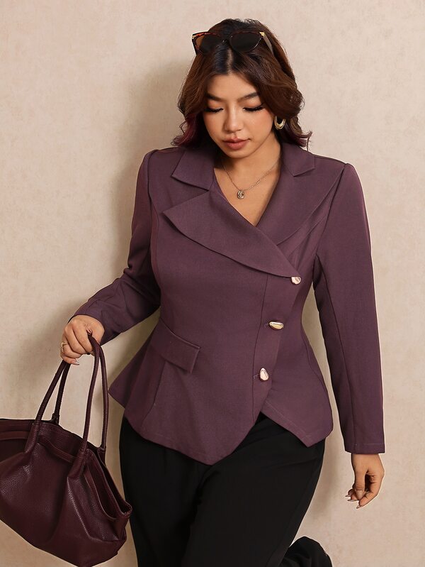 Elaquor Plus Size Metal Button Asymmetrical Hem Long Sleeve Blazer