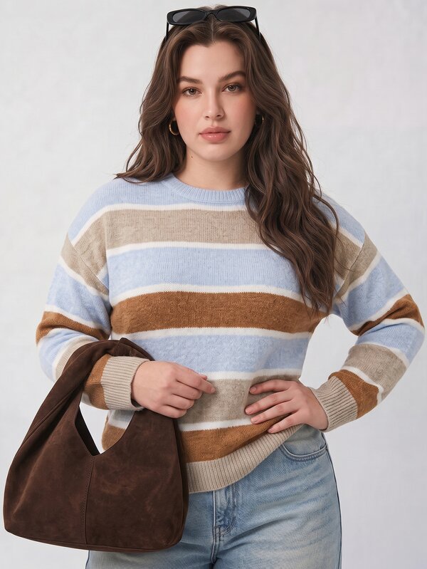 Solavibe Plus Size Women's Colorblock Casual Versatile Long Sleeve Sweater Winter
