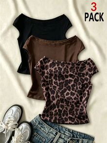 Sparklyn 3pcs/Set Girls' Vacation Fitted Off-Shoulder T-Shirts, Multi-Color - Multicolor - View 1