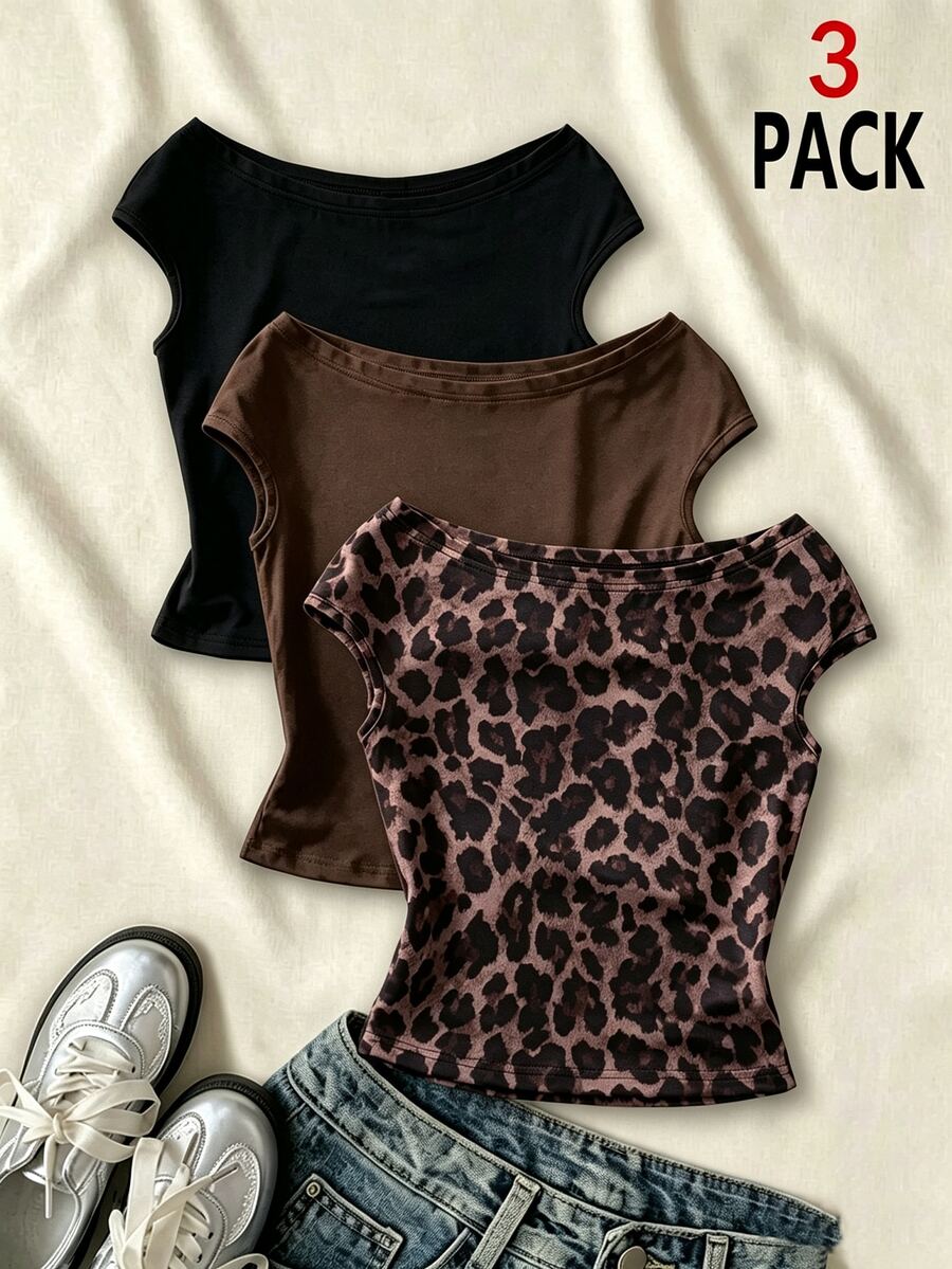 Sparklyn 3pcs/Set Girls' Vacation Fitted Off-Shoulder T-Shirts, Multi-Color - Multicolor - View 1