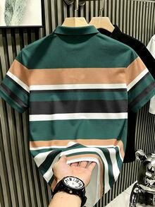 Manfinity Hypemode 美式復古經典風彩色條紋小馬Logo印花 Polo 衫，學院風休閒夏季上衣，男女款圖案 T 恤，適合日常穿著、休閒度假，短袖 - 彩色 - 查看 2