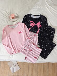 Genkimix Kids 2 Sets Tween Girl Knitted Bowknot Print Round Neck Pullover Long Sleeve Pants 4-Piece Loungewear Set Spring Autumn - Multicolor - View 1