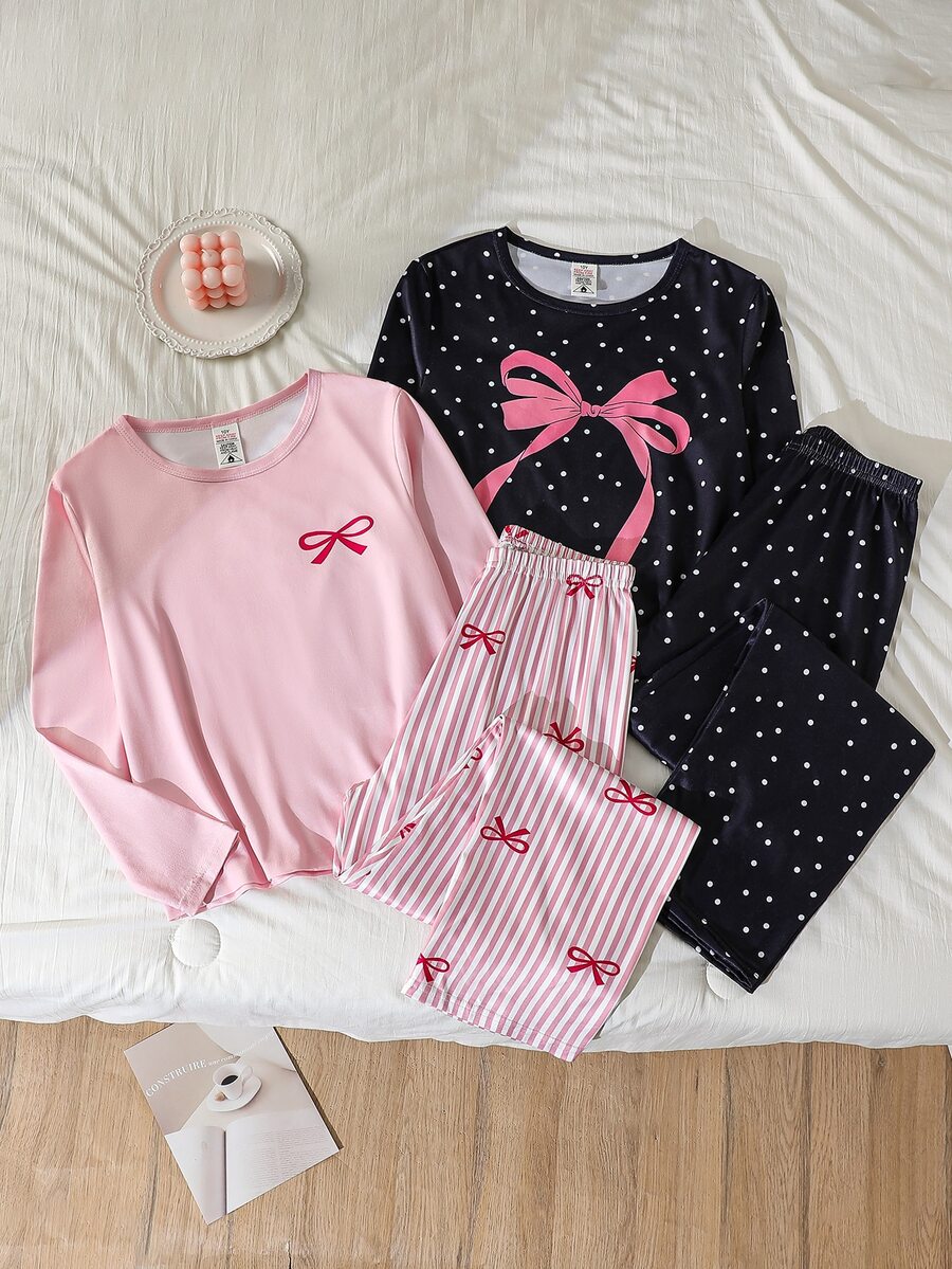 Genkimix Kids 2 Sets Tween Girl Knitted Bowknot Print Round Neck Pullover Long Sleeve Pants 4-Piece Loungewear Set Spring Autumn - Multicolor - View 1