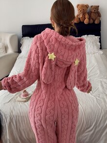 SHEIN Soft Cute Animal Shaped Long Ear Hooded Plush Soft Cozy One-Piece Pajamas Fluffy Comfortable Winter Style - Pink - View 2