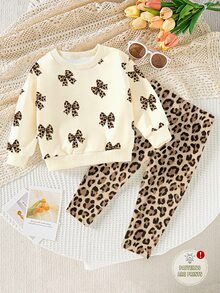 2件組女童休閒甜美時尚套裝，卡其色圓領運動衫搭配修身長褲，豹紋滿版內搭褲，適合春夏4-7歲女孩，超人氣豹紋蝴蝶結滿版運動衫，舒適高機能且大膽設計，卡其與棕色，運動風，柔軟親膚 - 彩色 - 查看 2