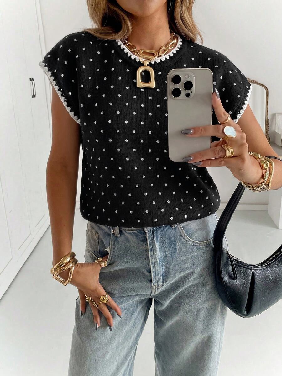 Siren Gaze Women's Vintage Shell Embroidery Polka Dot Knit Top - Black - View 1