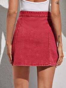 SHEIN EZwear 女款鈕扣休閒百搭日常牛仔迷你裙 - 西瓜粉 - 查看 3