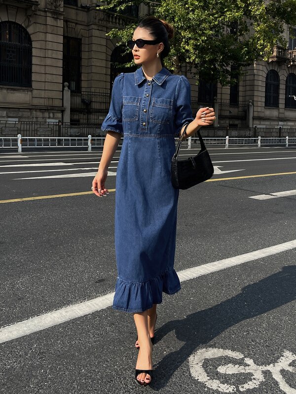 Strévra Women's Collared Casual Daily Summer Denim Dress