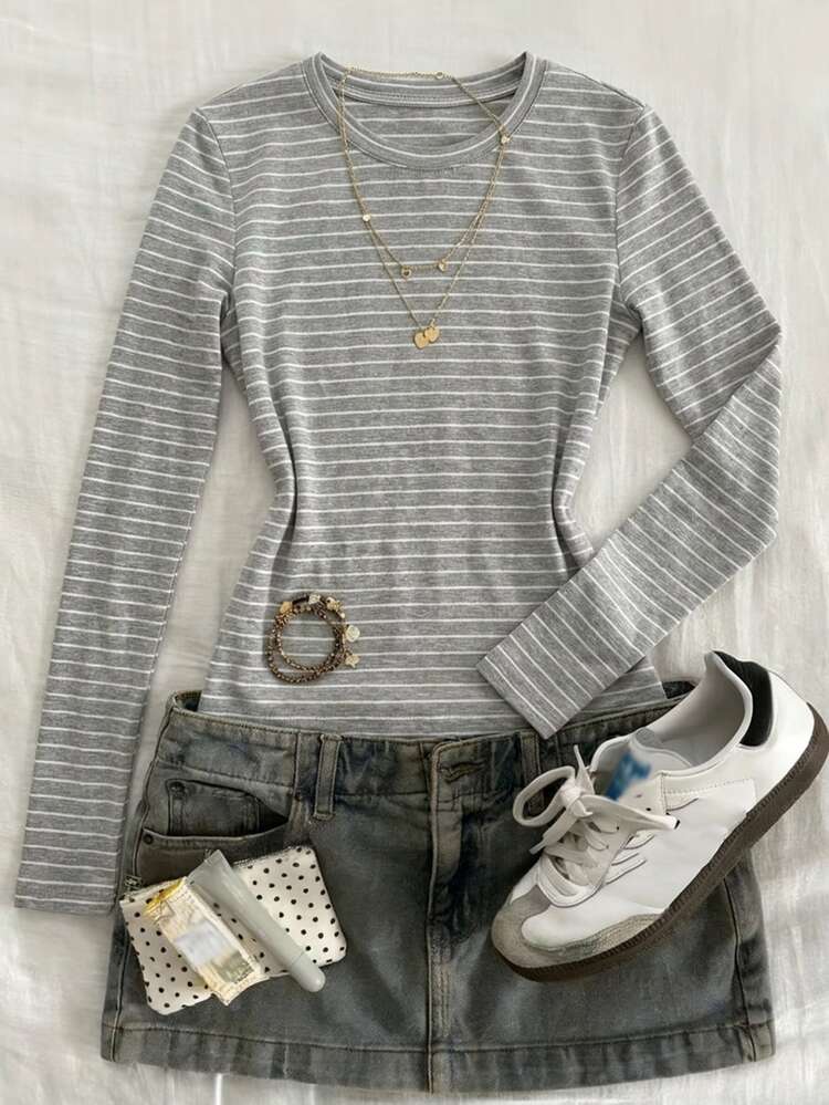 DAZY Round Neck Pullover Casual Short Sleeve Striped T-Shirt For Teen Girls Fall - Grey - View 3