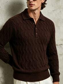 TONEVAULT Men's Cable Knit Polo Collar Long Sleeve Casual Sweater - Brown - View 3
