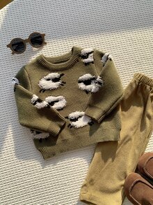 SHEIN 中性嬰兒男/女童、幼兒秋冬休閒可愛3D羊圖案圓領針織毛衣，嬰兒毛衣，萬聖節，聖誕節 - 軍綠色 - 查看 5