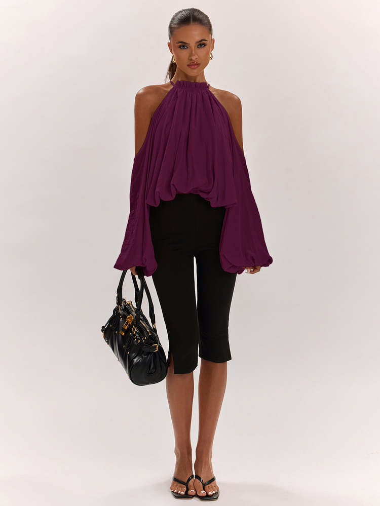 SHEIN BAE Women's Solid Color Cold Shoulder Casual Versatile Daily Wear Blouse - Red Violet - View 1
